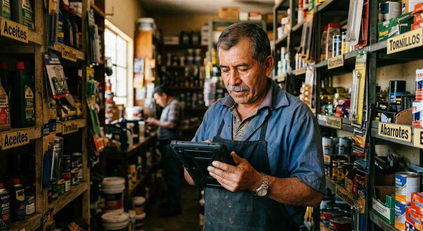Dueña de un comercio revisando la información de su negocio en una tablet
