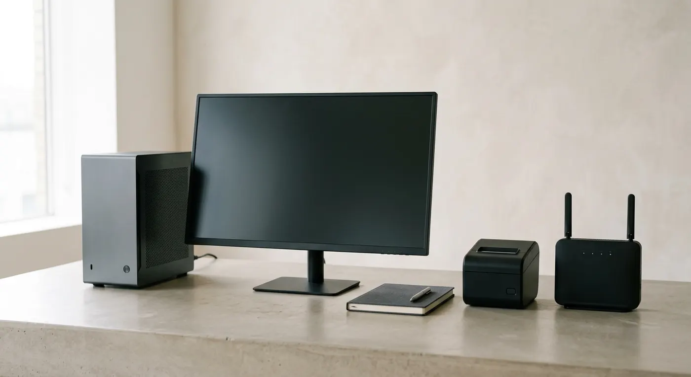 PC, pantalla e impresora térmica listas para usar en un negocio